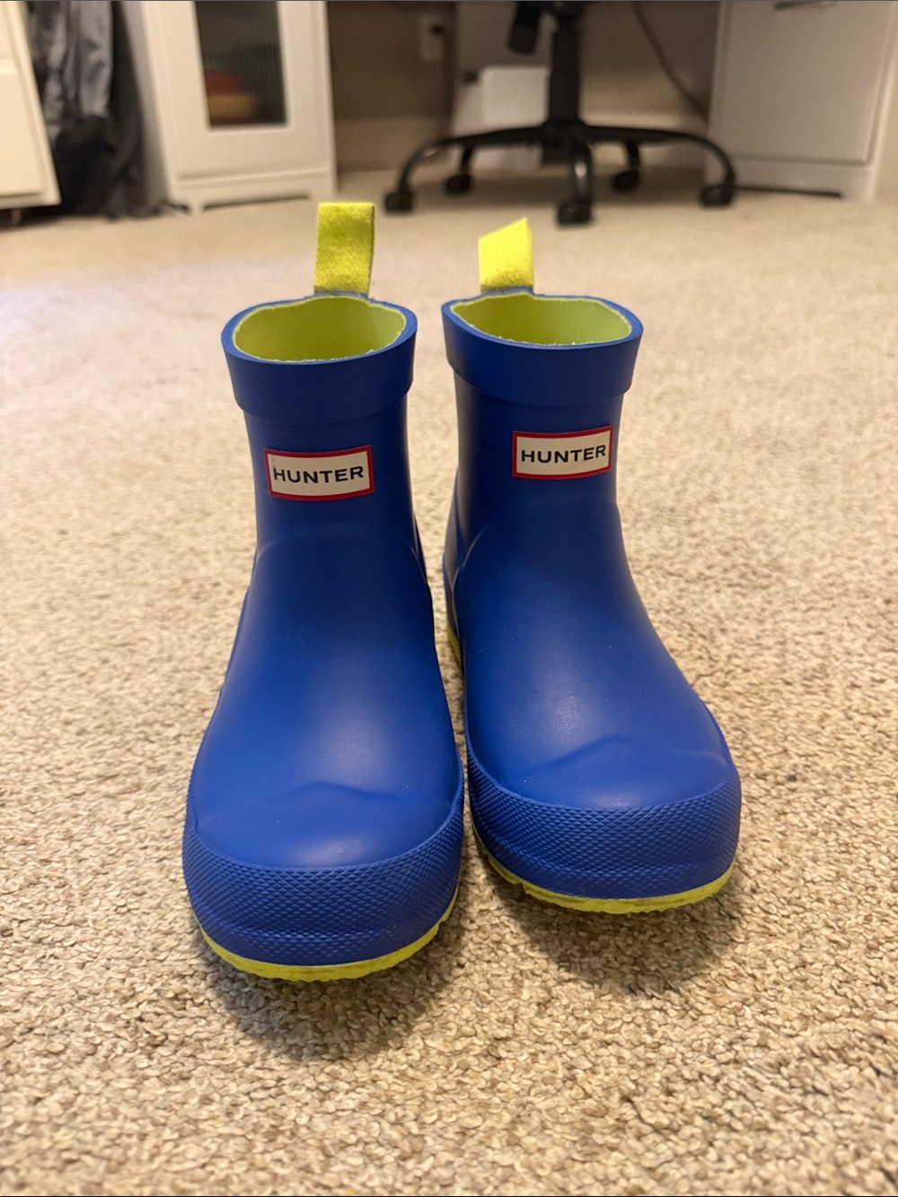 Hunter Kids Royal Blue Rain Boots with Neon Yellow Accents